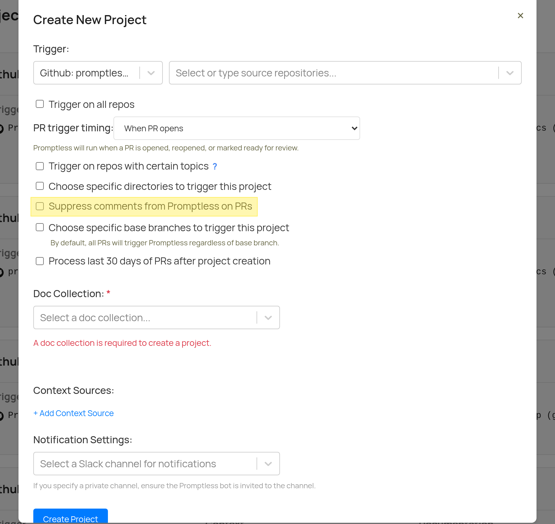 New Project modal showing the Suppress comments from Promptless on PRs checkbox in the Trigger configuration section