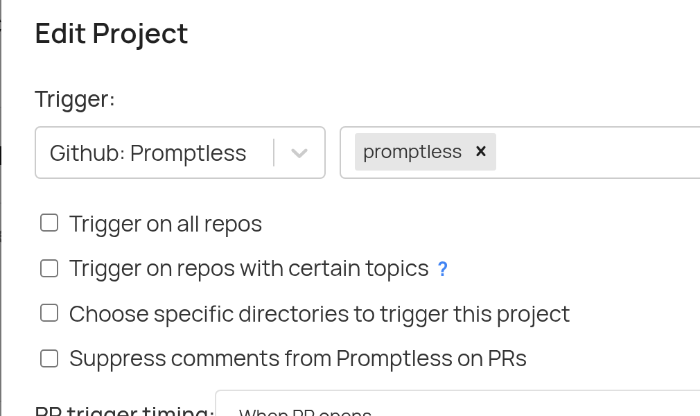 Edit Project modal showing the Suppress comments from Promptless on PRs checkbox in the Trigger configuration section