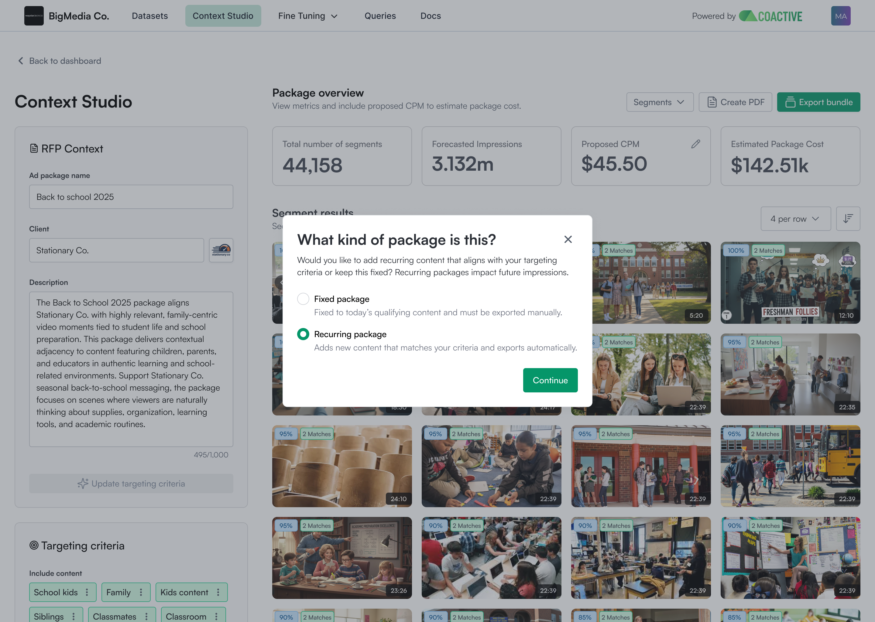The "What kind of package is this?" modal in Context Studio with Fixed package and Recurring package options, Recurring package selected