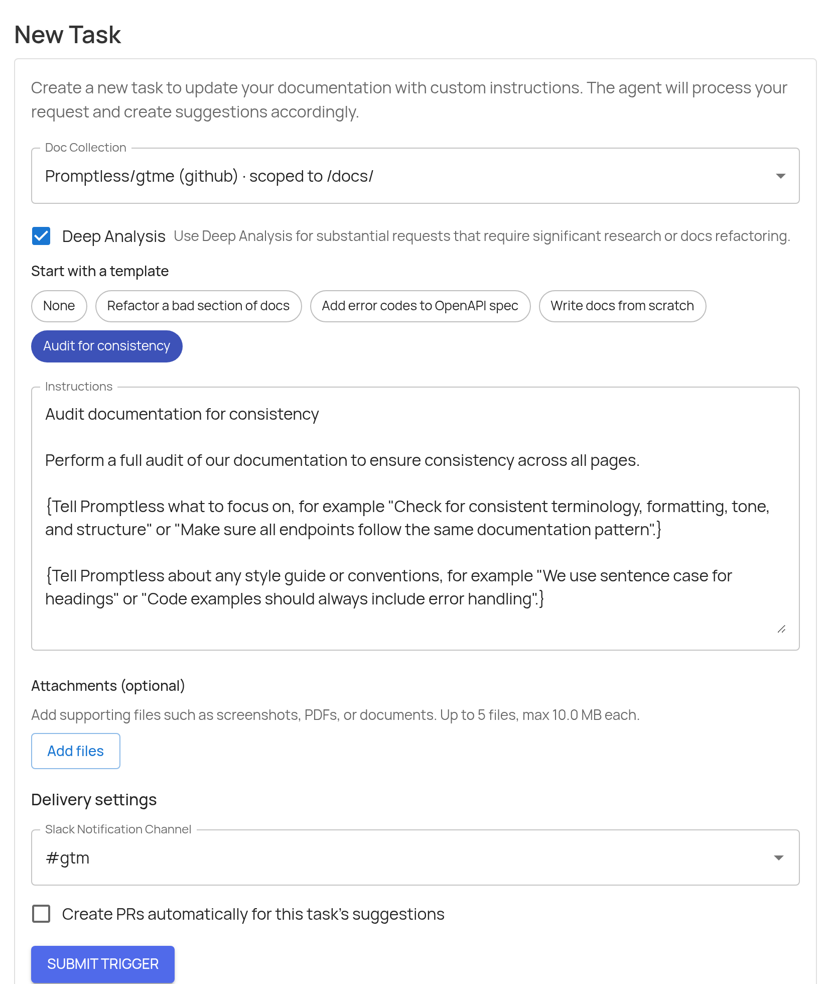 New Task form with Deep Analysis enabled, showing the doc collection selector, template chips, populated instructions field, attachments, delivery settings, and Submit Trigger button