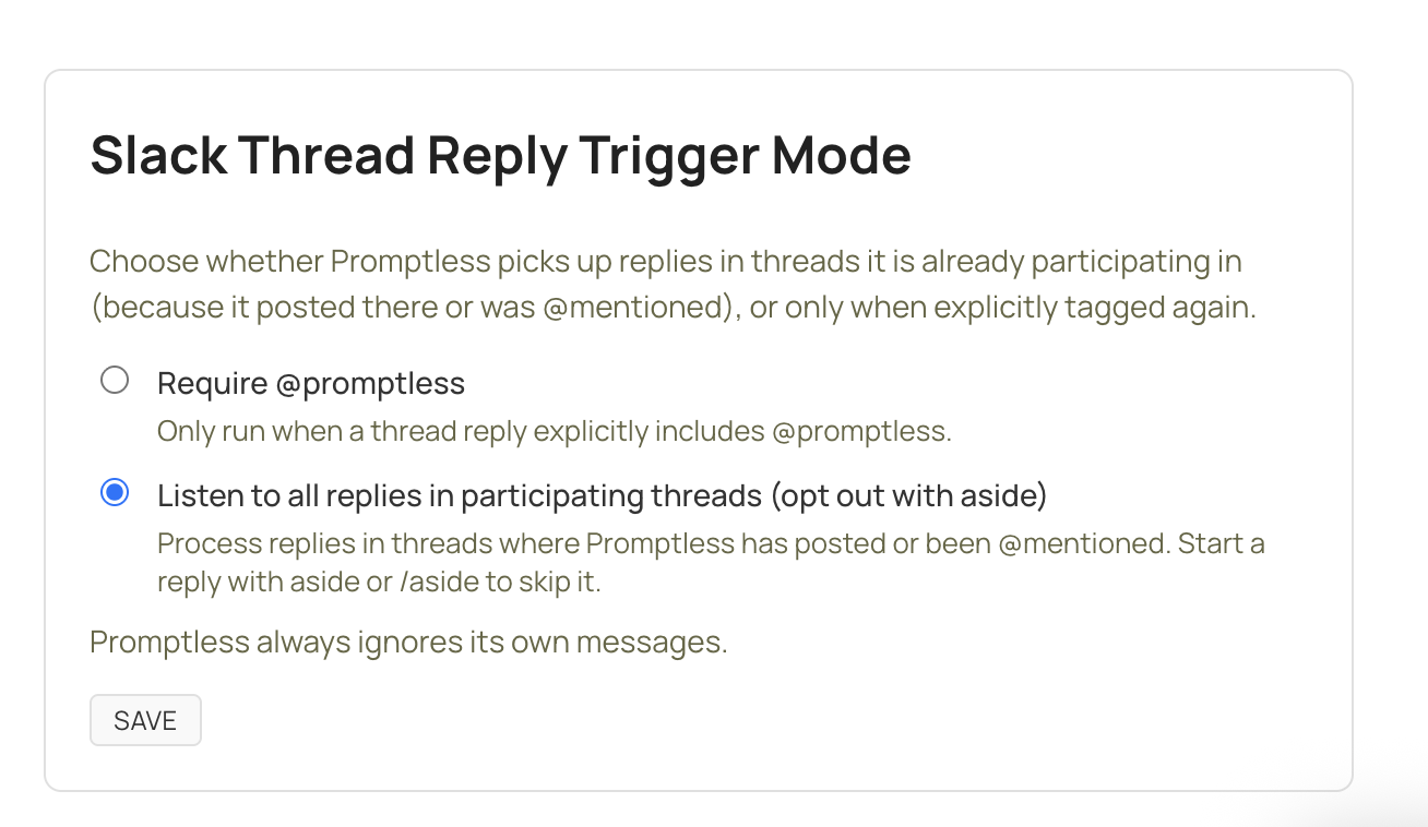 Slack Thread Reply Trigger Mode settings