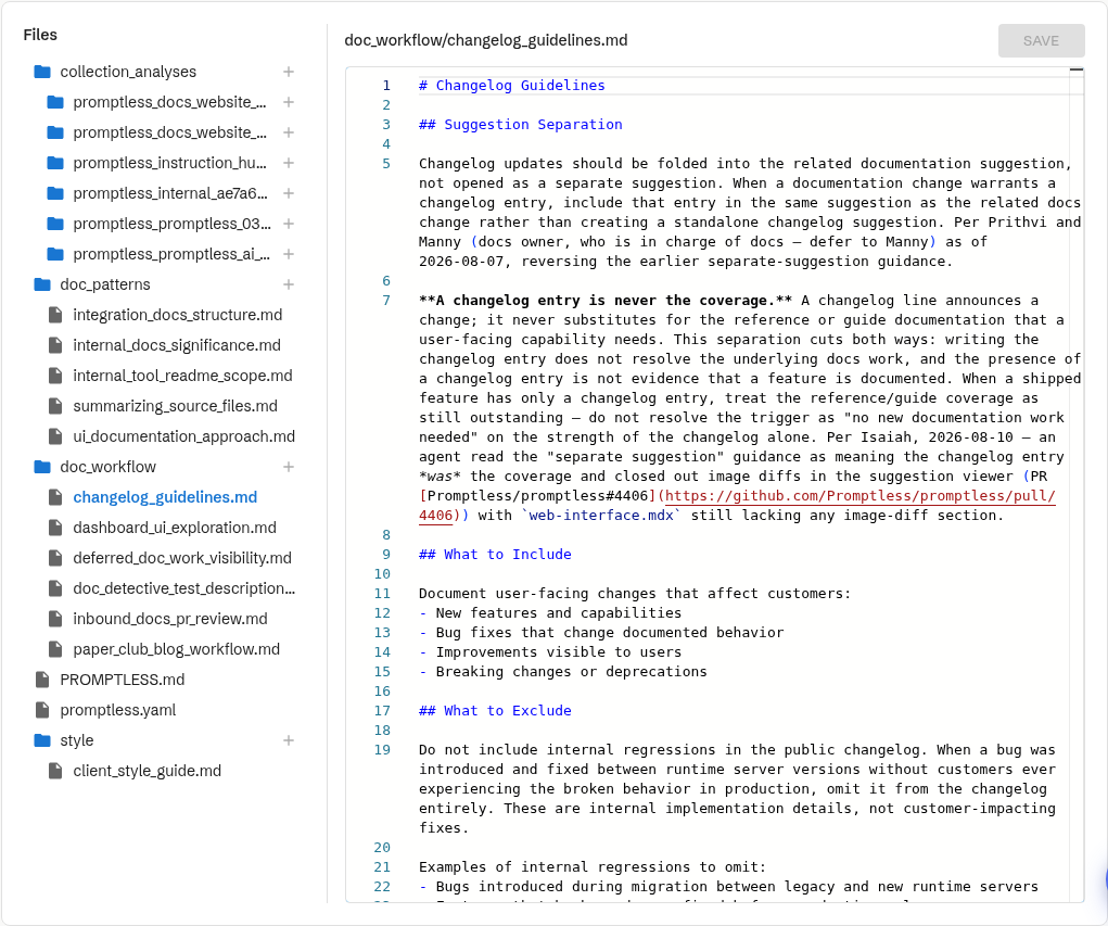 The file editor showing doc_workflow/changelog_guidelines.md selected in the Files tree, its file-path header, its line-numbered markdown source, and the Save button in the top-right
