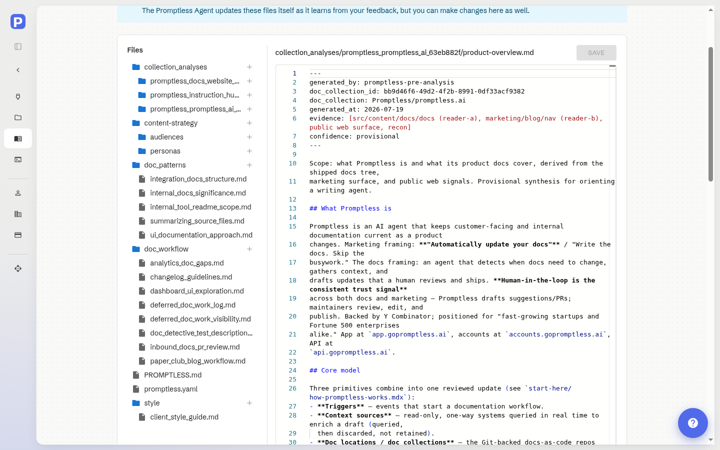 The file editor showing collection\_analyses/promptless\_promptless\_ai\_63eb882f/product-overview.md selected in the Files tree, its file-path header, its line-numbered markdown source, and the Save button in the top-right (visible to organization admins)