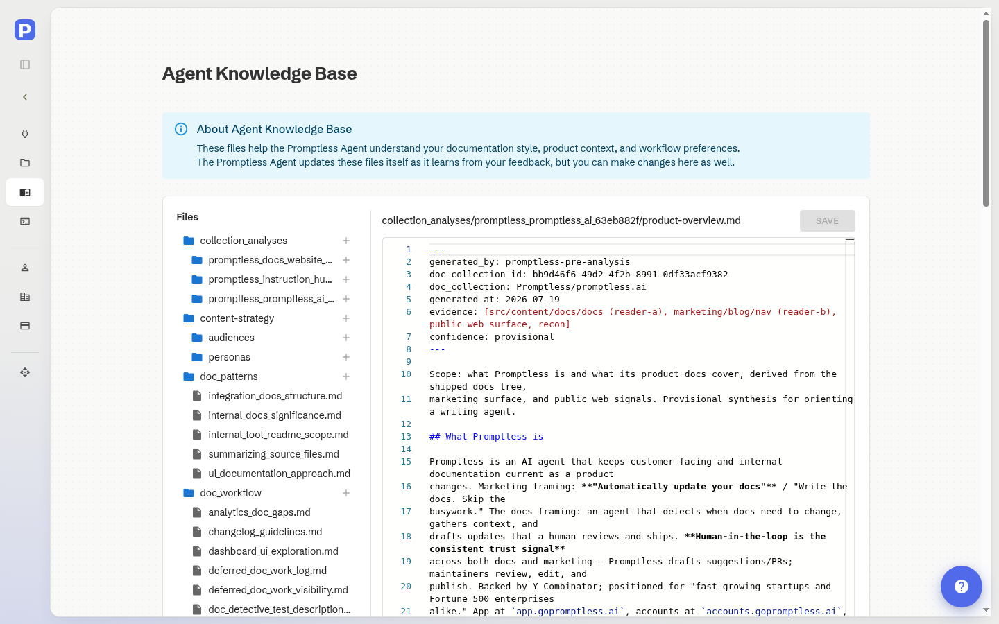 Agent Knowledge Base page showing the Files tree, the Recent updates by Promptless list, and collection\_analyses/promptless\_promptless\_ai\_63eb882f/product-overview.md open in the editor