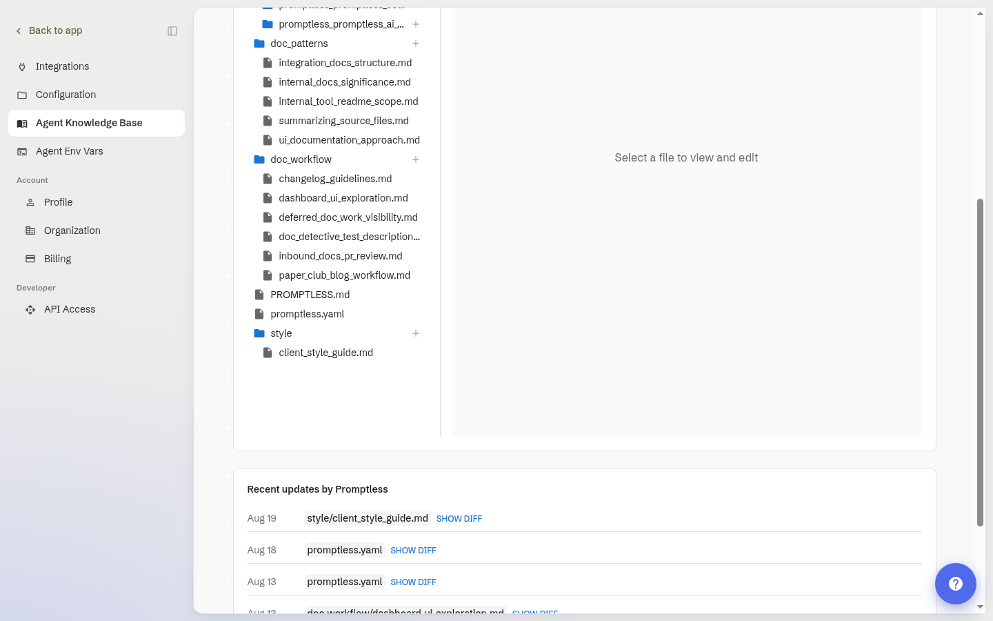 Agent Knowledge Base page showing the Files tree, the Recent updates by Promptless list, and an empty editor pane prompting you to select a file