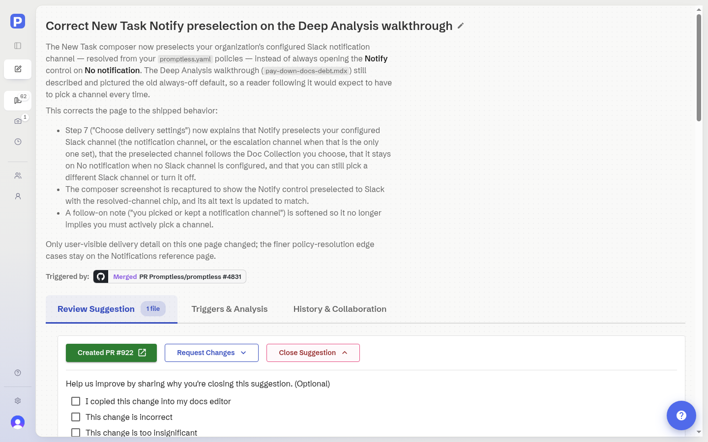 Close suggestion dialog with reason checkboxes and optional feedback field