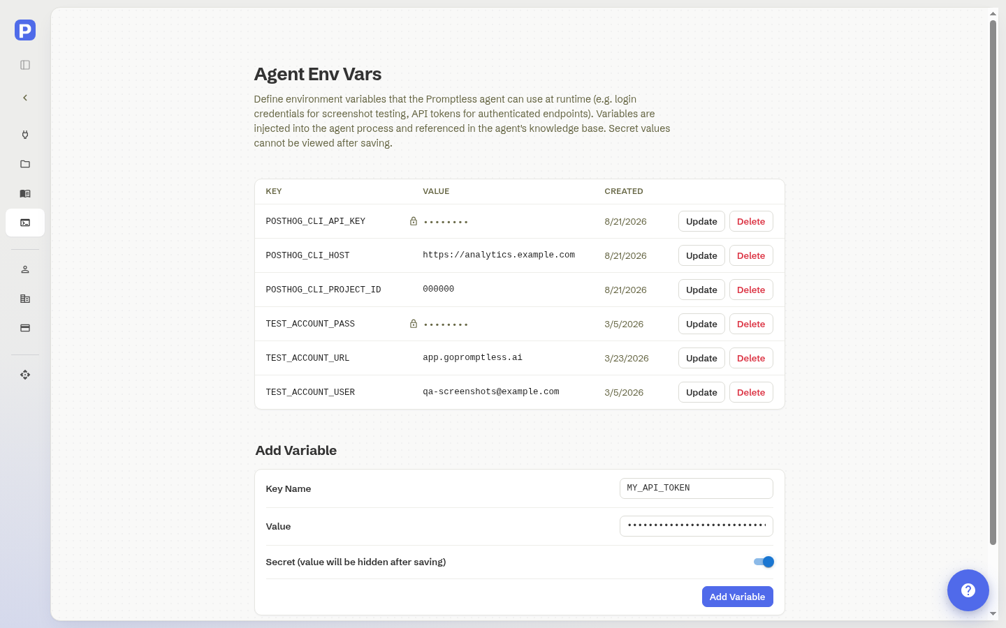 Add Variable form with the Key Name field set to MY\_API\_TOKEN, a masked value, and the Secret toggle turned on