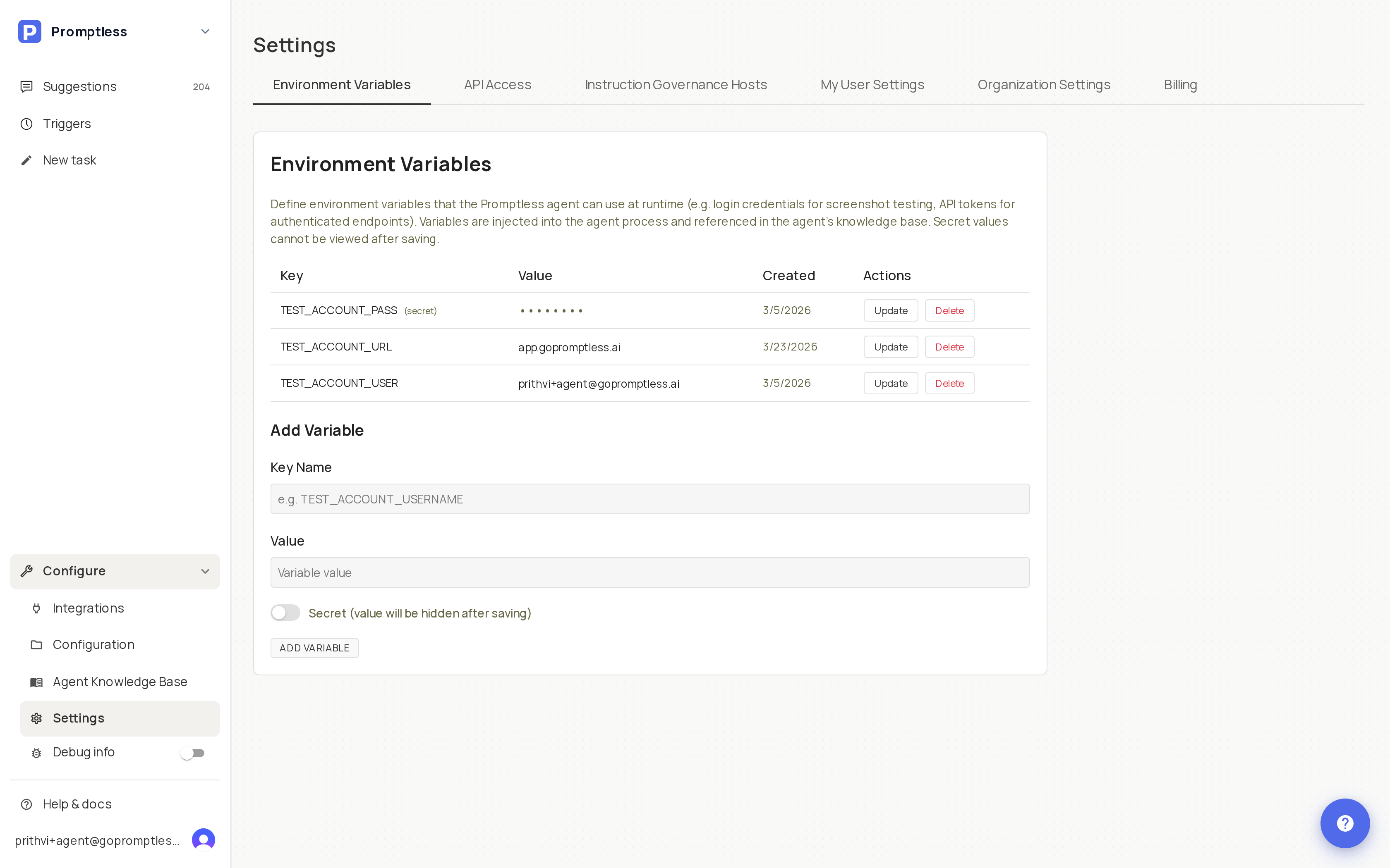 Promptless Settings page with Environment Variables selected, showing the variables table with Key, Value, Created, and Actions columns, Update and Delete buttons on each row, and an empty Add Variable form below the table