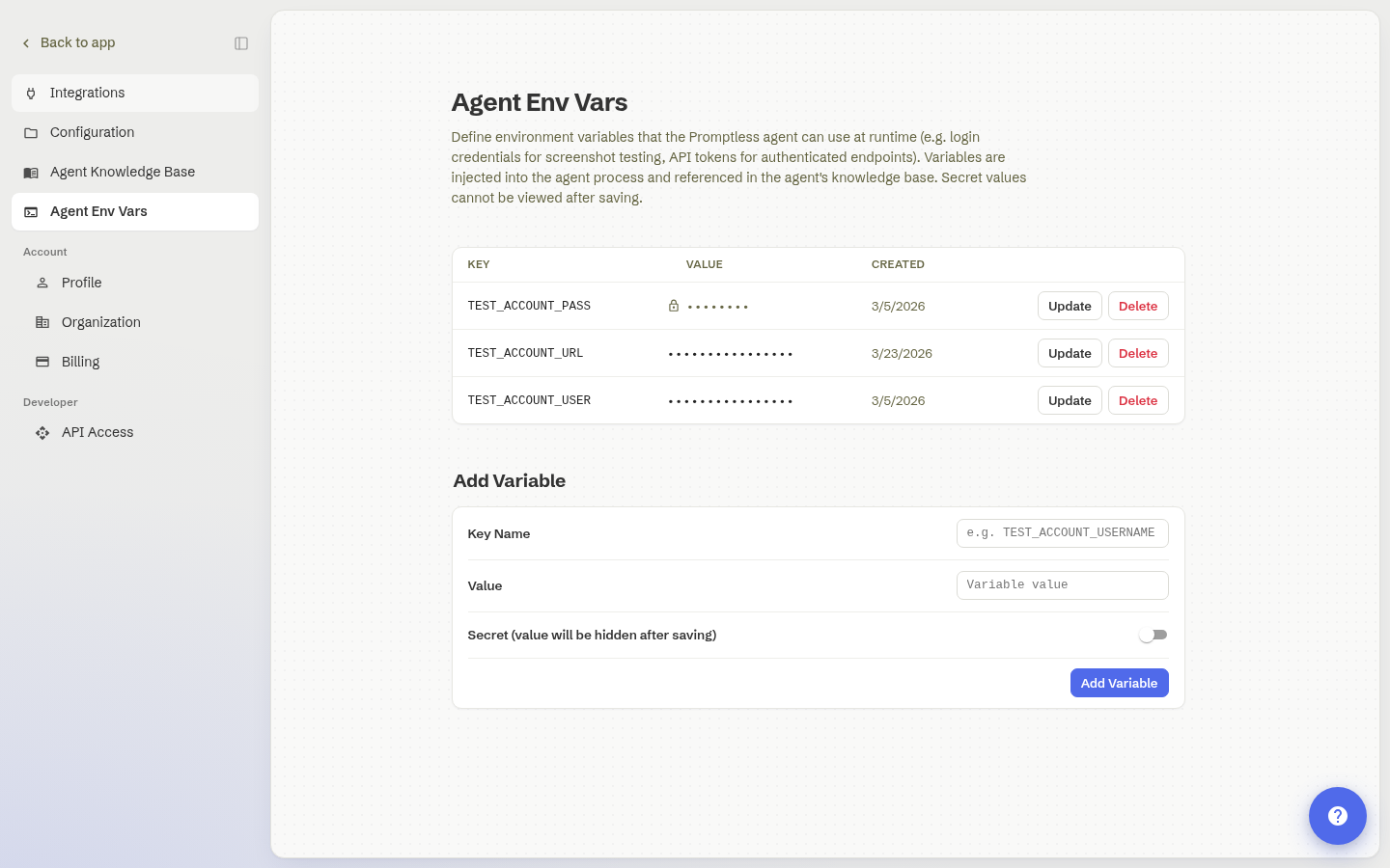 Promptless Settings page with Agent Env Vars selected, showing the variables table with Key, Value, Created, and Actions columns, Update and Delete buttons on each row, and an empty Add Variable form below the table