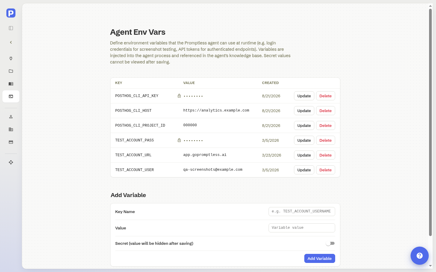 Promptless Settings page with Agent Env Vars selected, showing the variables table with Key, Value, Created, and Actions columns, Update and Delete buttons on each row, and an empty Add Variable form below the table