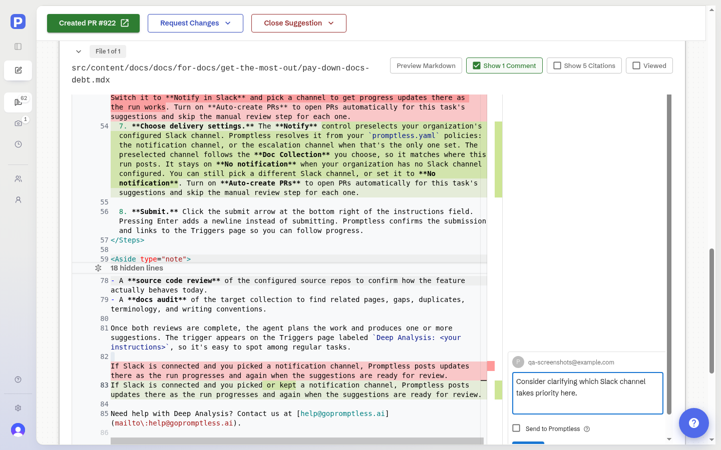 Feedback panel with the Send to Promptless checkbox