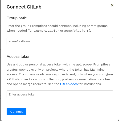 Connect GitLab modal with Group path and Access token fields and a Connect button