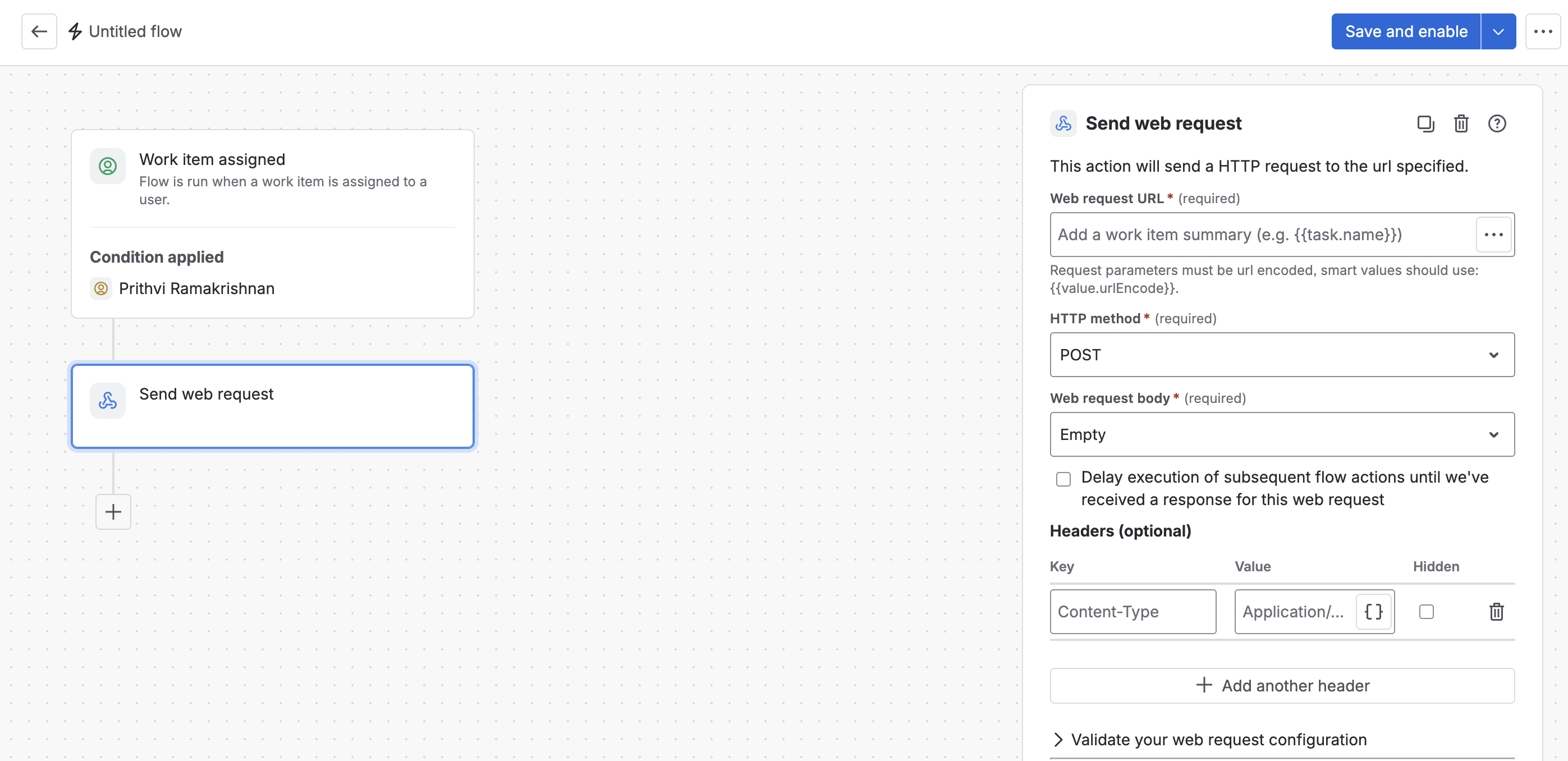 A Jira Automation flow with a Work item assigned trigger, a condition on the assignee, and a Send web request action, with the Send web request settings open beside it