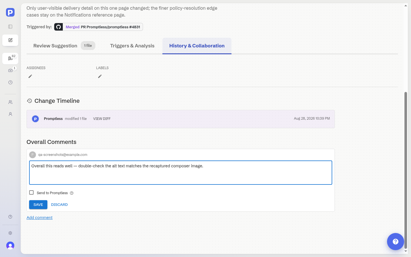 The overall comments section with a text field and feedback options