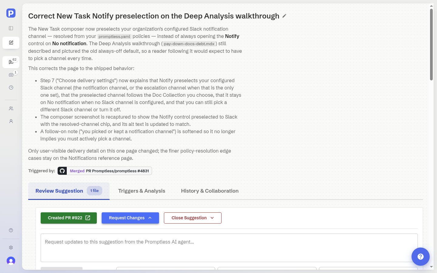 Request Changes button with text field and example suggestions
