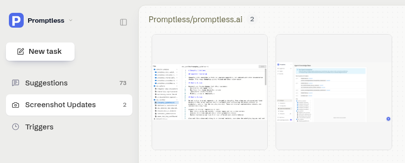 Screenshot Updates selected in the dashboard sidebar with a count badge, between Suggestions and Triggers, beside a gallery grouped by doc collection with a collection header, count chip, and screenshot thumbnail cards