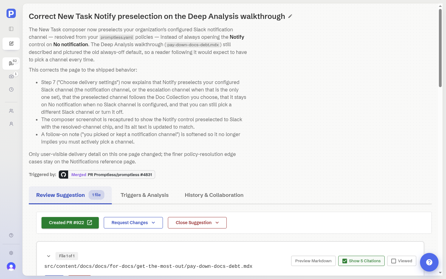 Suggestion description with markdown formatting showing bold headers and bullet lists
