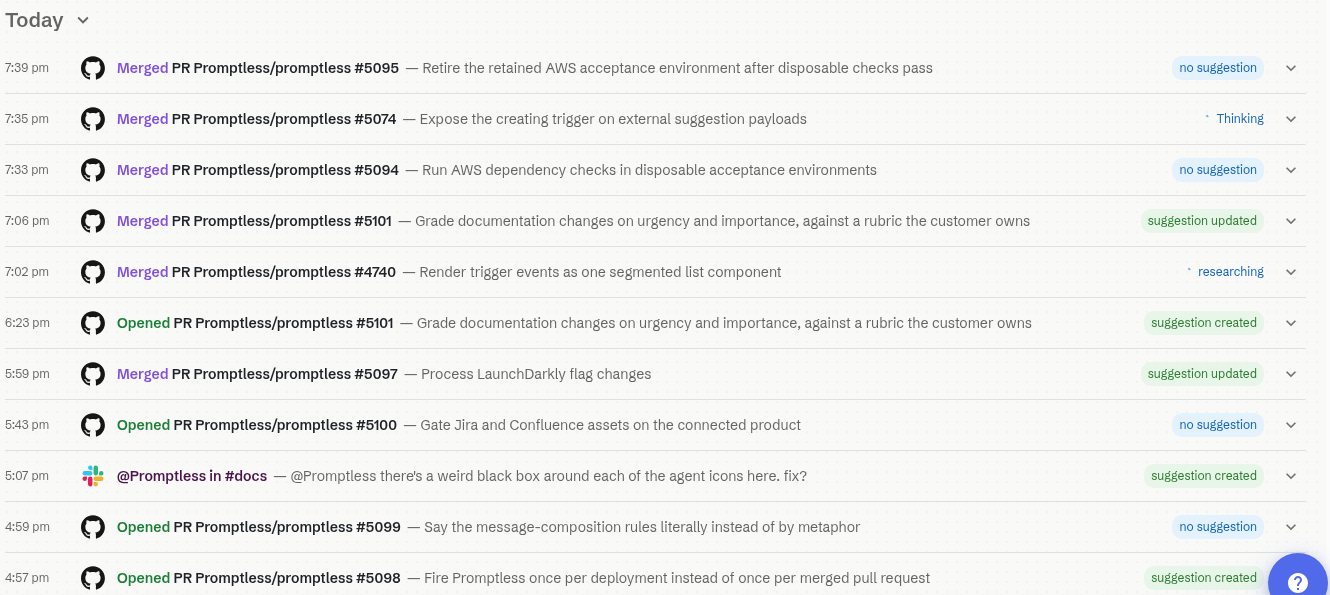 Triggers page row list grouped under a Today header, each row showing the time, source icon, action verb, PR or thread reference, and headline, with a status pill on the right reporting the trigger's outcome