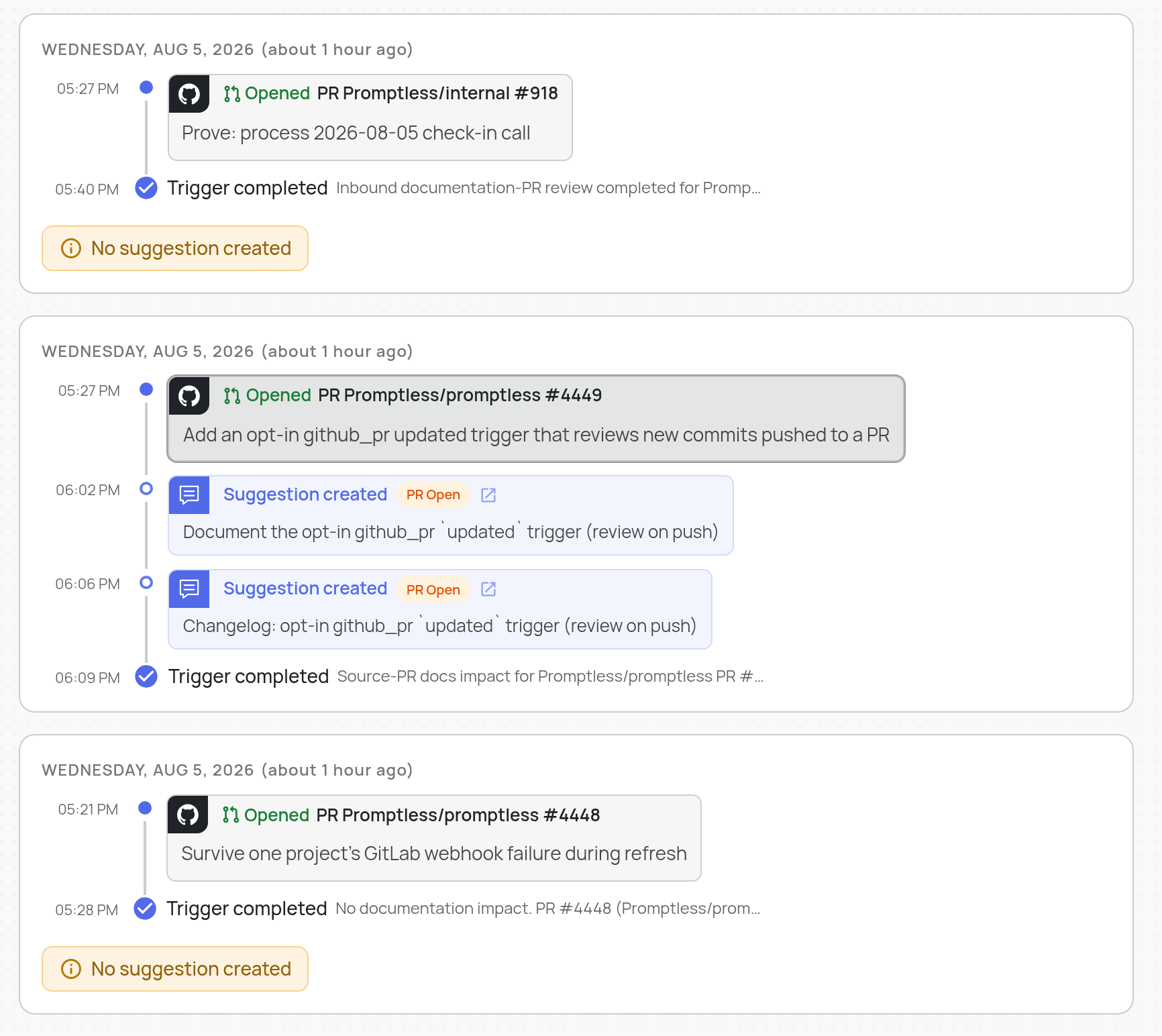 Triggers page timeline: a received event such as an opened PR, then Suggestion created rows with a status chip and Trigger completed, plus a No suggestion created badge