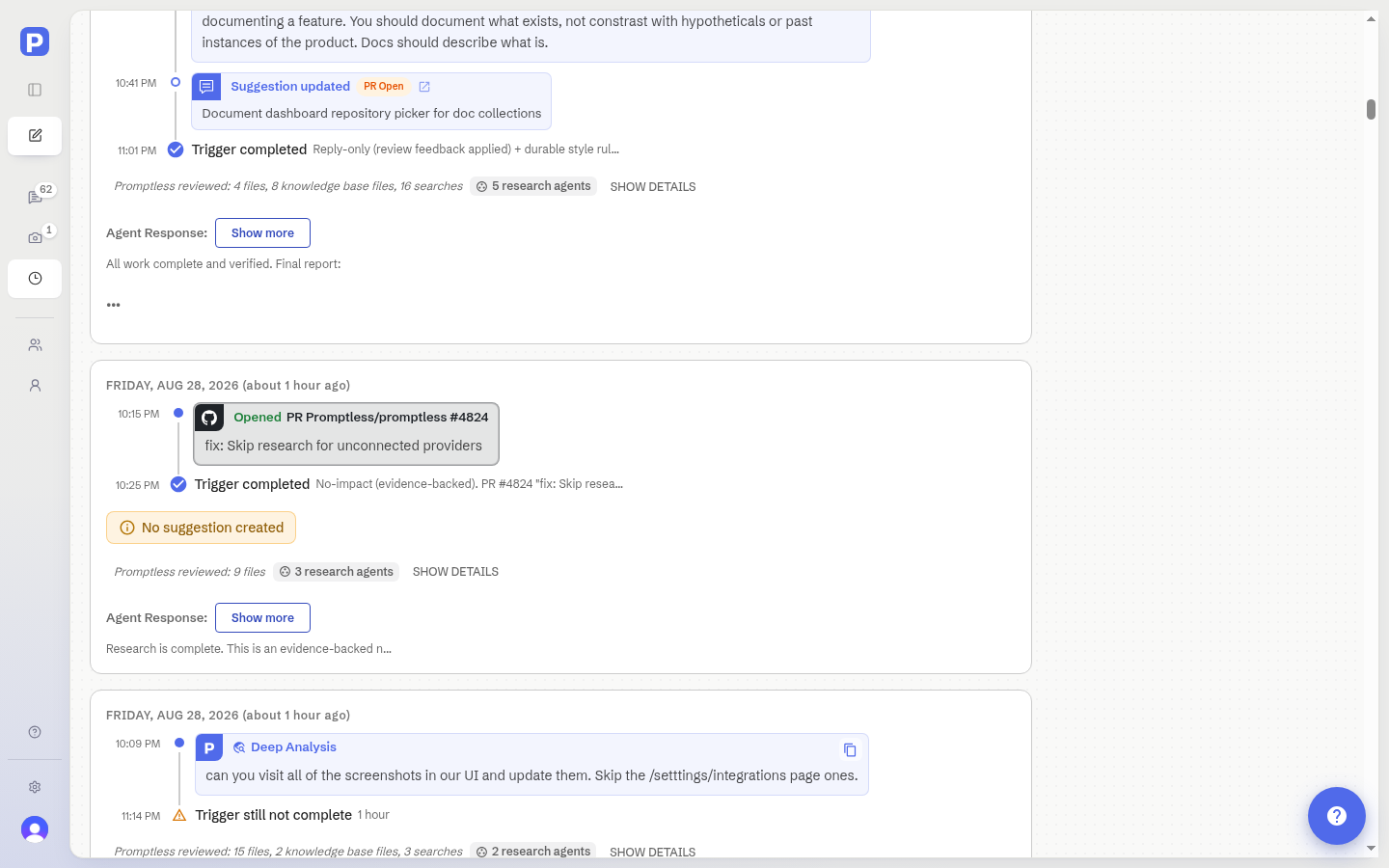 Triggers page timeline: a received event such as an opened PR, then Suggestion created rows with a status chip and Trigger completed, plus a No suggestion created badge